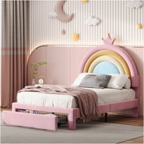 JERFIT Twin Size Pink Velvet Platform Bed with Storage Drawer, Rainbow Upholstered Bed Frame, No Box Spring Needed, Space-Saving Design