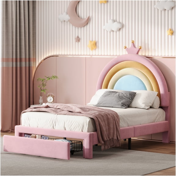 JERFIT Twin Size Pink Velvet Platform Bed with Storage Drawer, Rainbow Upholstered Bed Frame, No Box Spring Needed, Space-Saving Design