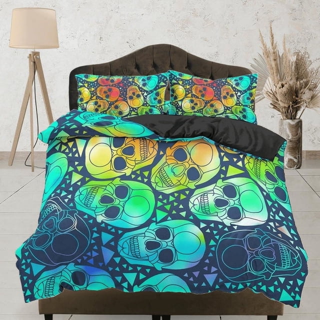 Ropa de cama de Halloween Colorido Cráneos Funda Nórdica Set Colcha, Dormitorio Ropa de cama con