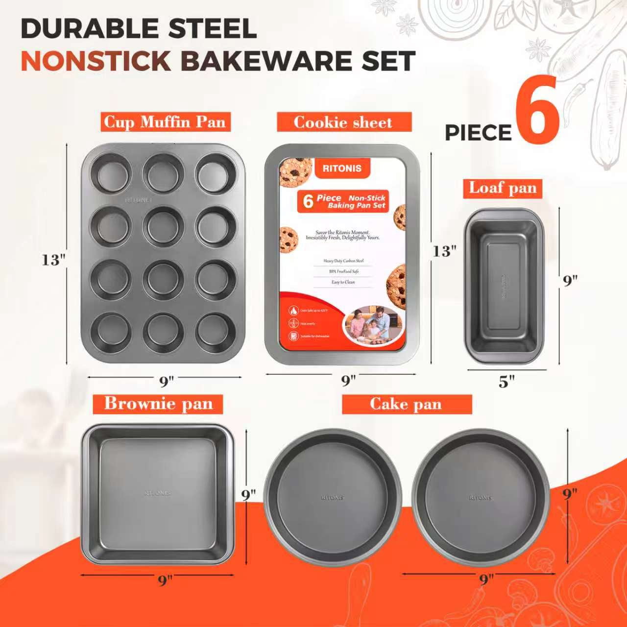 RITONIS 6-Piece Baking Pan Set, Non-stick Stacker Non-Toxic Oven Pan Set for Cooking, Includes Round/Square Cookie Sheet, Bread Pan, Muffin Pan, Cookie Pan,with One Baking Glove