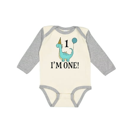 

Inktastic First Birthday Dinosaur Party 1 Year Old Gift Baby Boy or Baby Girl Long Sleeve Bodysuit