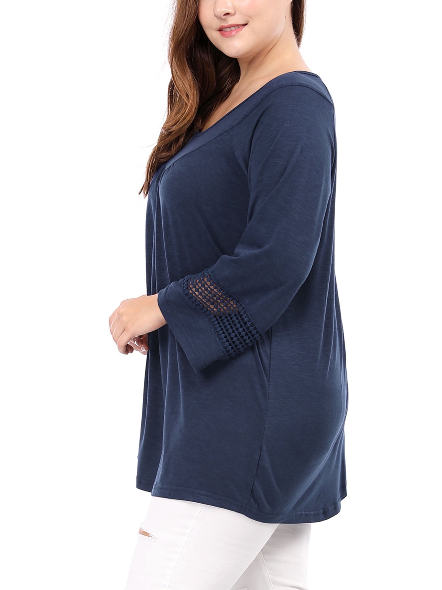 Unique Bargains Juniors' Plus Size Crochet Panel Kimono Raglan Sleeves Ruched Front Top Blue 3X
