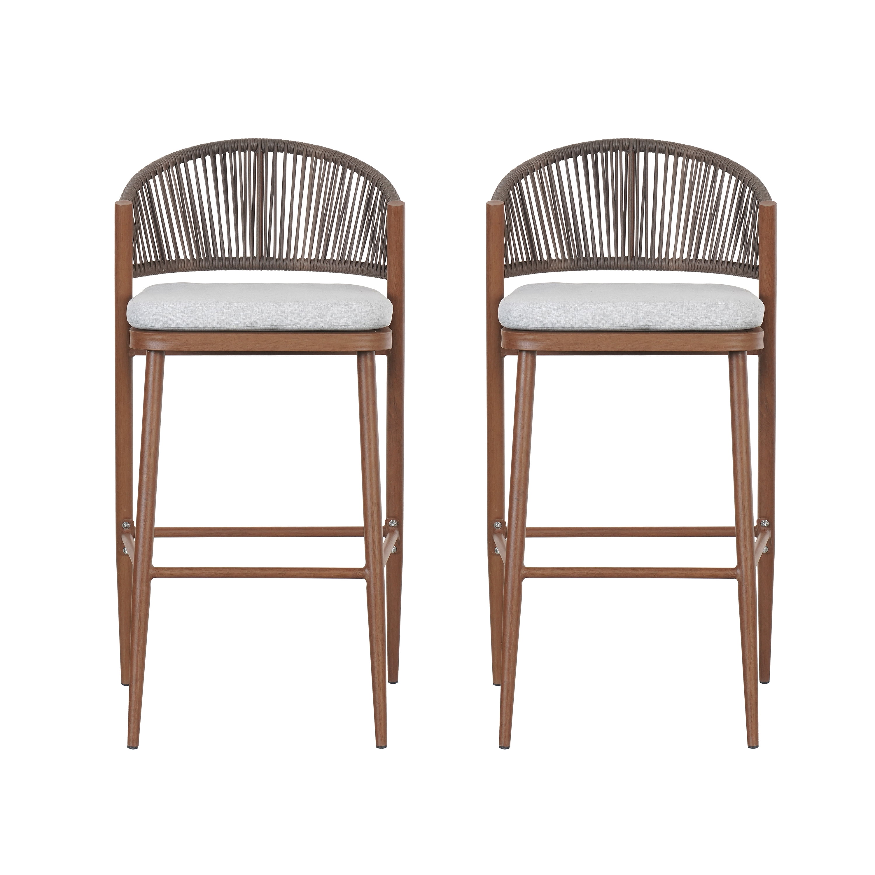 Barstools Set of 2, Outdoor 30.25 Inch Seat Height Aluminum Frame Stools with PE Rattan Scallop-Shaped Backrest, Teak Finish
