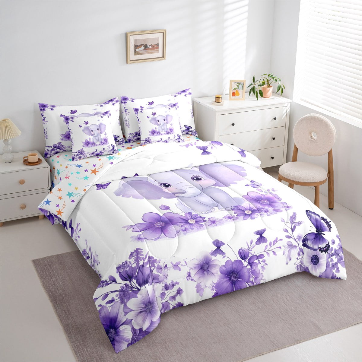 jejeloiu Cute Elephant Bedding Comforter Set 7pcs,Zoo Animal Queen Bedding Sets,Purple Flower Butterflies Queen Sheet Sets For Boys Girl,Super Cozy Room Decor Reversible