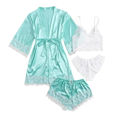 GZWYHT Silk Pajamas Clearance Robes for Women Women s Solid Color Placket Silk Night Lingerie Women s Tops And Shorts Casual Print Sleepwear Nightdress Bath Robe Women S Sleepwear  Mint Green XL