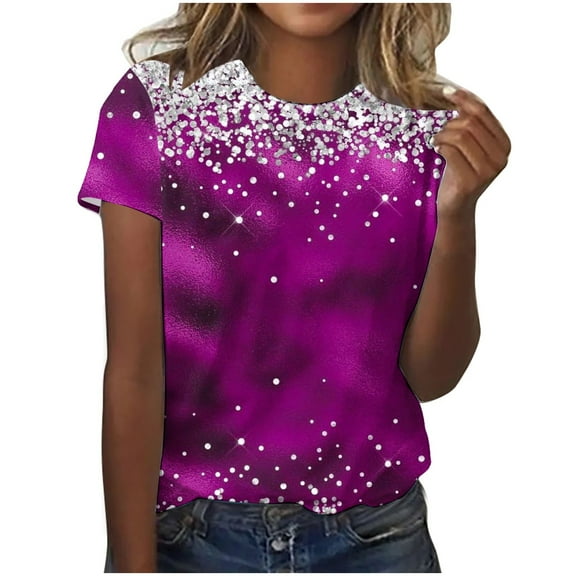 Fesfesfes Womens Summer Tops Women's Casual Round Neck Short-sleeved Christmas Tree Printed T-shirt Top Womens T Shirts Casual S(US:4)