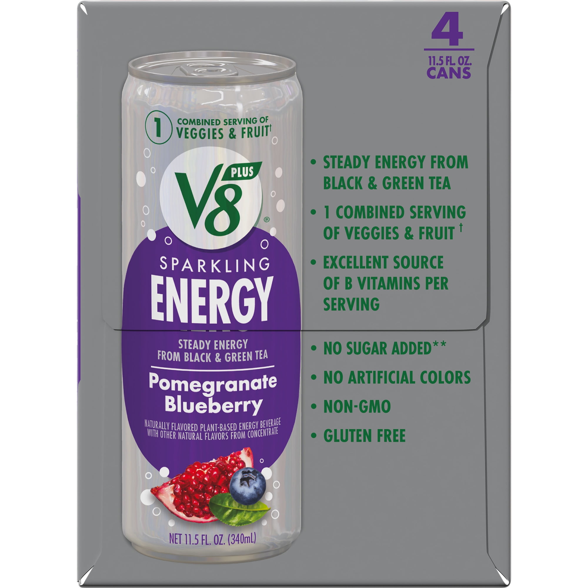 (6 pack) V8 +Energy Sparkling Pomegranate Blueberry Juice Energy Drink, 11.5 fl oz Can, 24 Count (6 Packs of 4)