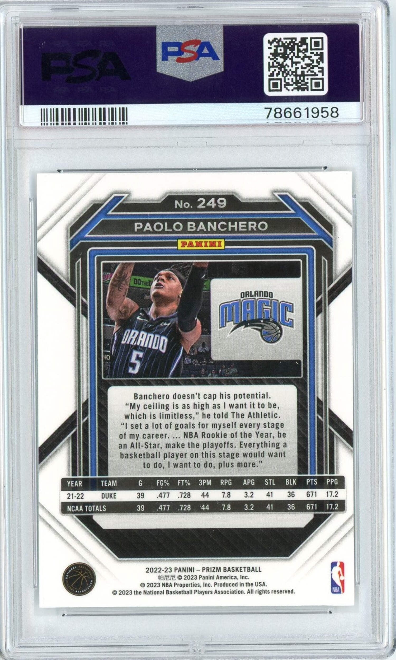 Graded 2022 Panini Prizm Paolo Banchero #249 Rookie RC Graded 2022 Panini Prizm Paolo Banchero #249 Rookie RC