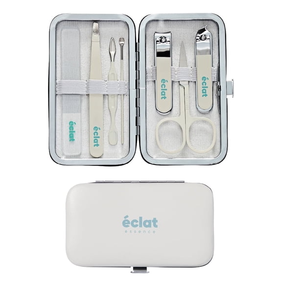 Éclat Manicure Pedicure Kit for Men & Women, 7Pcs Finger & Toe Nail Care Tools Includes Nail Clipper Cutter, Tweezer, File, Cuticle Pusher, Personal Care Professional Grooming Set With Travel Case