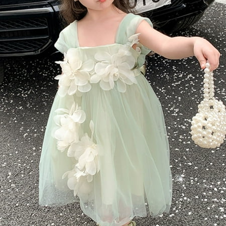 

Aayomet Flower Girl Dress Summer Green Flower Fairy Girls Sling With Big Flowers Fashion Puffy Mesh Gown Dress Green 3-4 Years