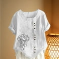 thumbnail image 3 of Aoochasliy Women's Short Sleeve Top Casual Floral Printed Linen Blend Round Neck Button T-Shirt Blouse, 3 of 5