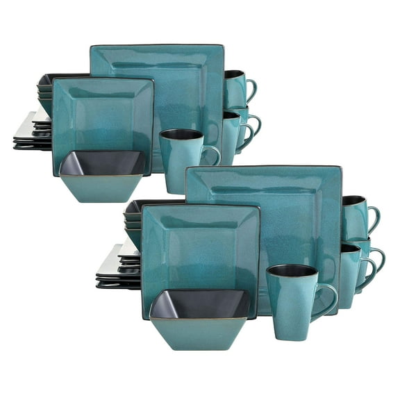 Gibson Elite 16 Pc Plates, Bowls, & Mugs Dinner Set, Turquoise (2 Pk)