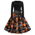 thumbnail image 1 of Vestido vintage de Halloween para mujer, vestido de fiesta de manga larga en forma de A con estampado de calabaza, disfraz retro festivo, 1 of 3