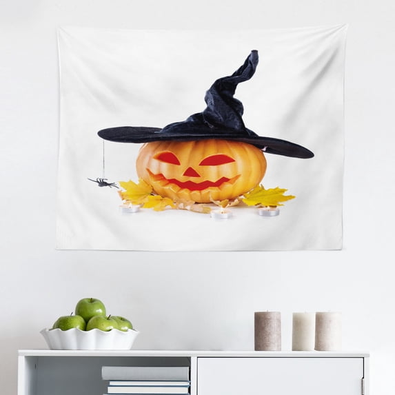 Halloween Tapestry, Happy Halloween Lettering with Scary Symbols and Candies Pattern, Fabric Wall Hanging Decor for Bedroom Living Room Dorm, 2 Sizes, Pastel Purple Multicolor, by Ambesonne