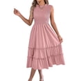 thumbnail image 3 of Women'S Ruffle Trim Flutter Sleeve Midi Dress Pleated Crew Neck Tiered Smocked Flowy Dresses Pink XL, 3 of 10
