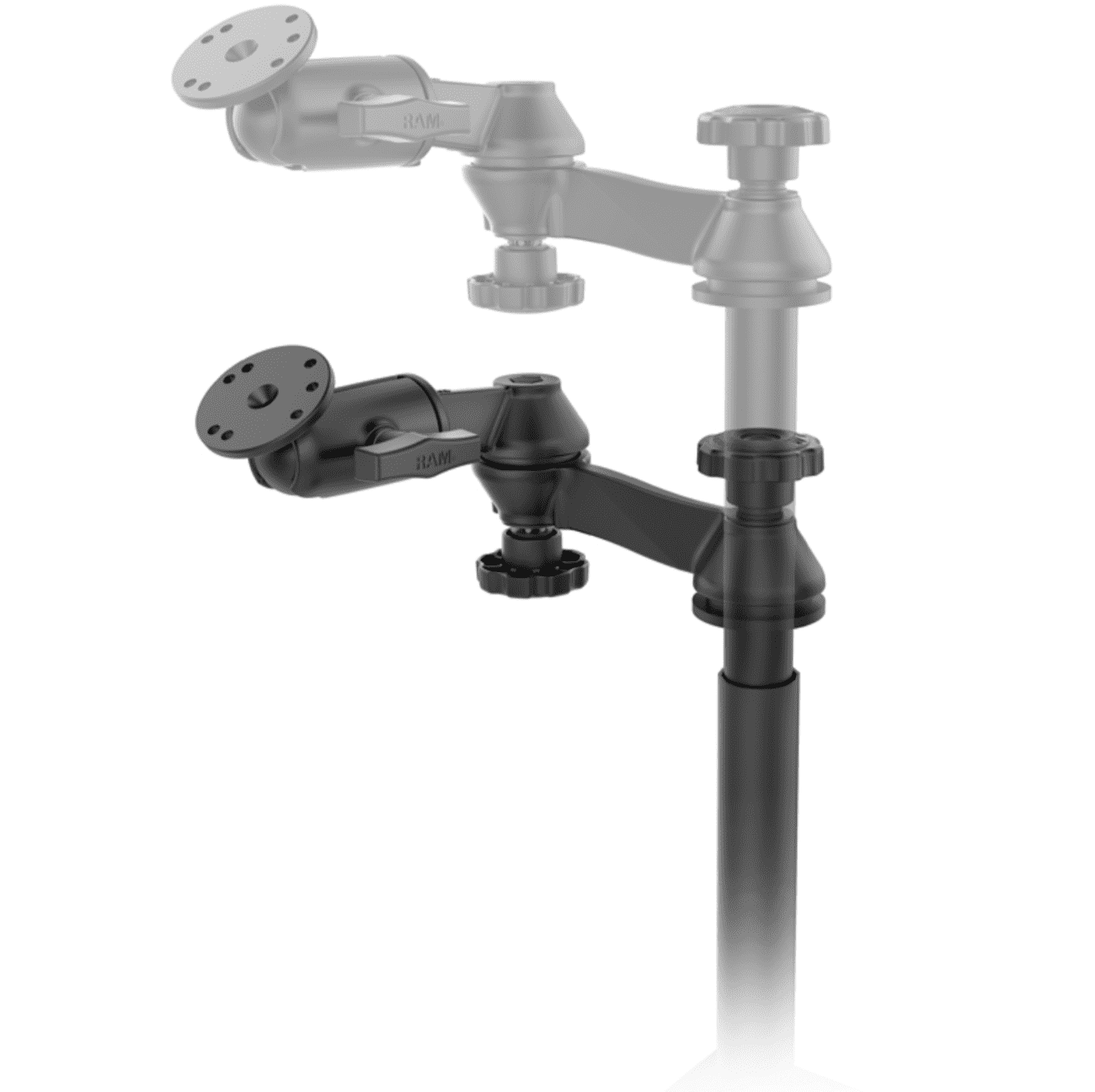 RAM No-Drill - Mounting kit (dual articulating swing arm, mounting base, pole, ball joint) - for notebook / tablet - steel, marine grade aluminum - car seat rails