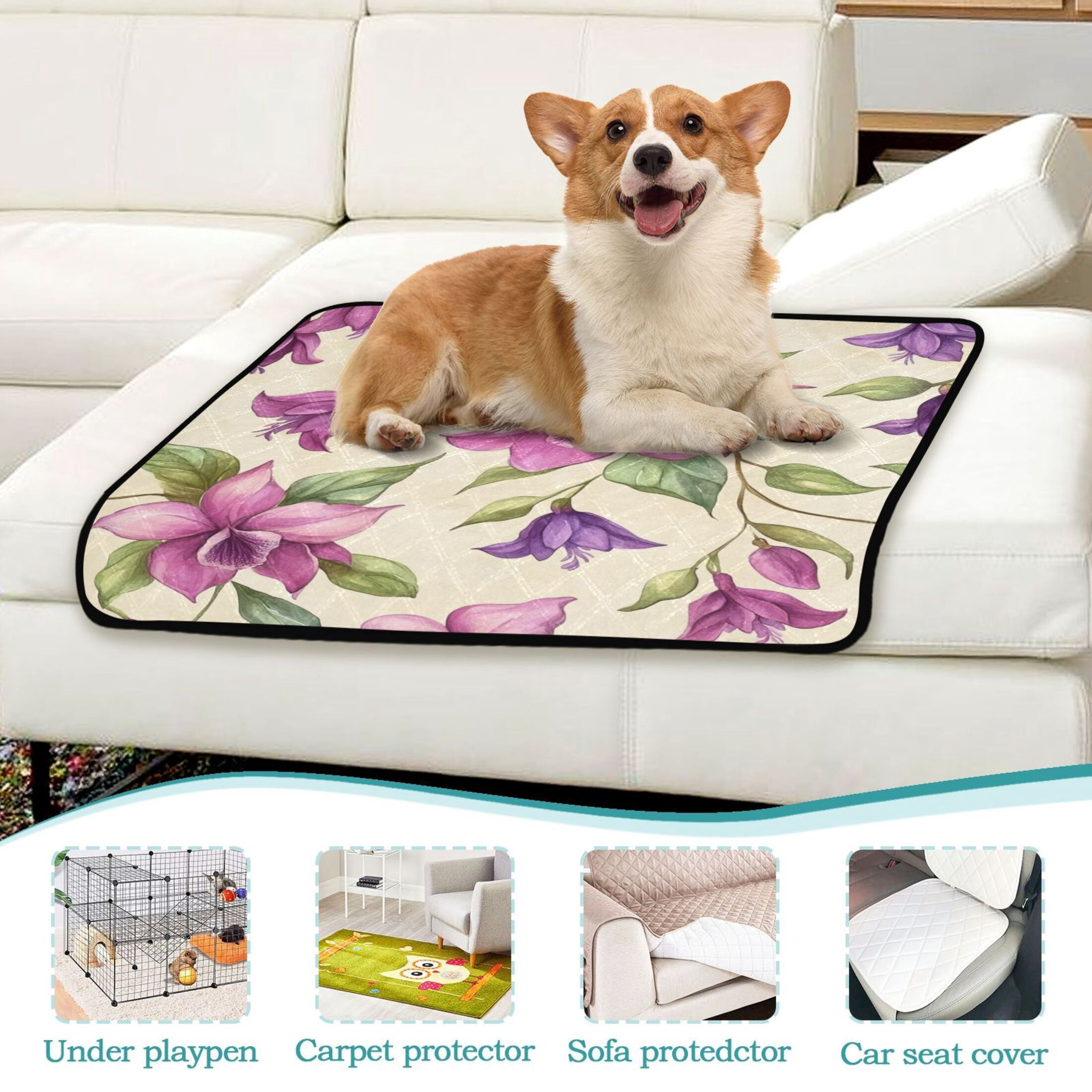 Qxltty A Pattern with Watercolor Fuchsia Orchids Cat litter Pads Pet Set of 3 Diaper Mats Center Anti-leakage Layer Absorbent Soft and Comfortable