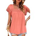 thumbnail image 1 of Blusa de manga corta con costuras de encaje, camiseta informal holgada de manga corta de color puro para mujer, color rosa XL, 1 of 6