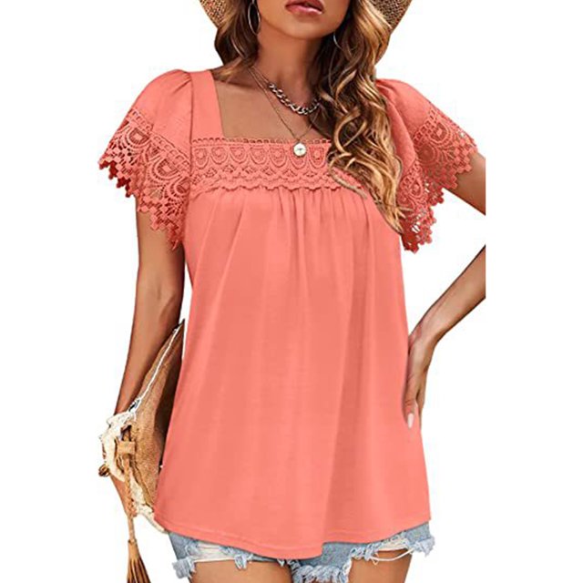 Blusa de manga corta con costuras de encaje, camiseta informal holgada de manga corta de color puro para mujer, color rosa XL
