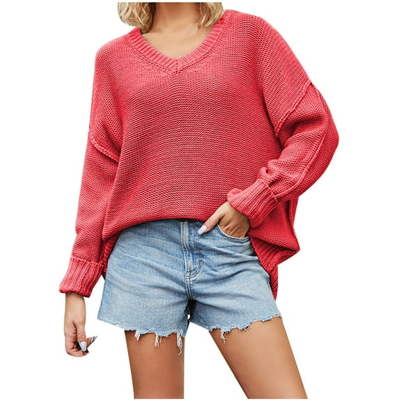 Annhoo Sweater for Women Casual Long Sleeve V Neck Knitted Tops Fall Winter Loose Comfort Pullover Sweater Tops