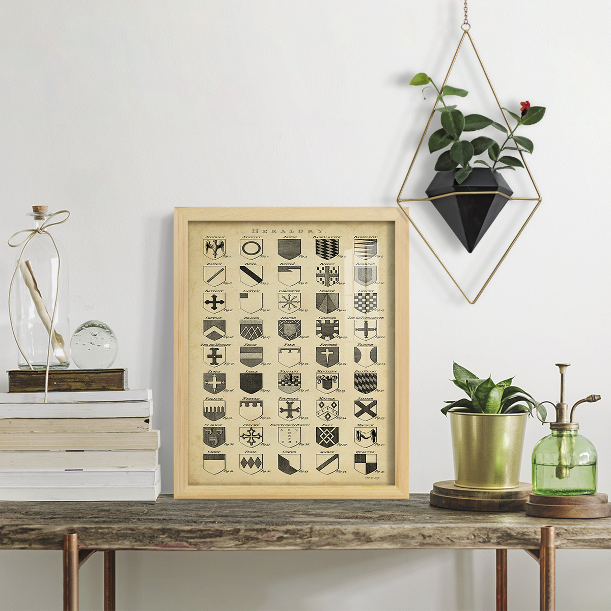 Vintage Heraldry I -Framed Print w/glass-Natural Wood
