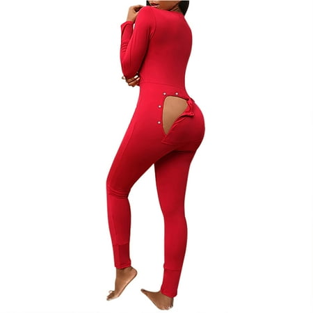 

Tarmeek Women s Onesies Pajamas Sexy Deep V Neck Bodycon Jumpsuit Butt Flap Pajamas Long Sleeve Romper Overall Sleepwear