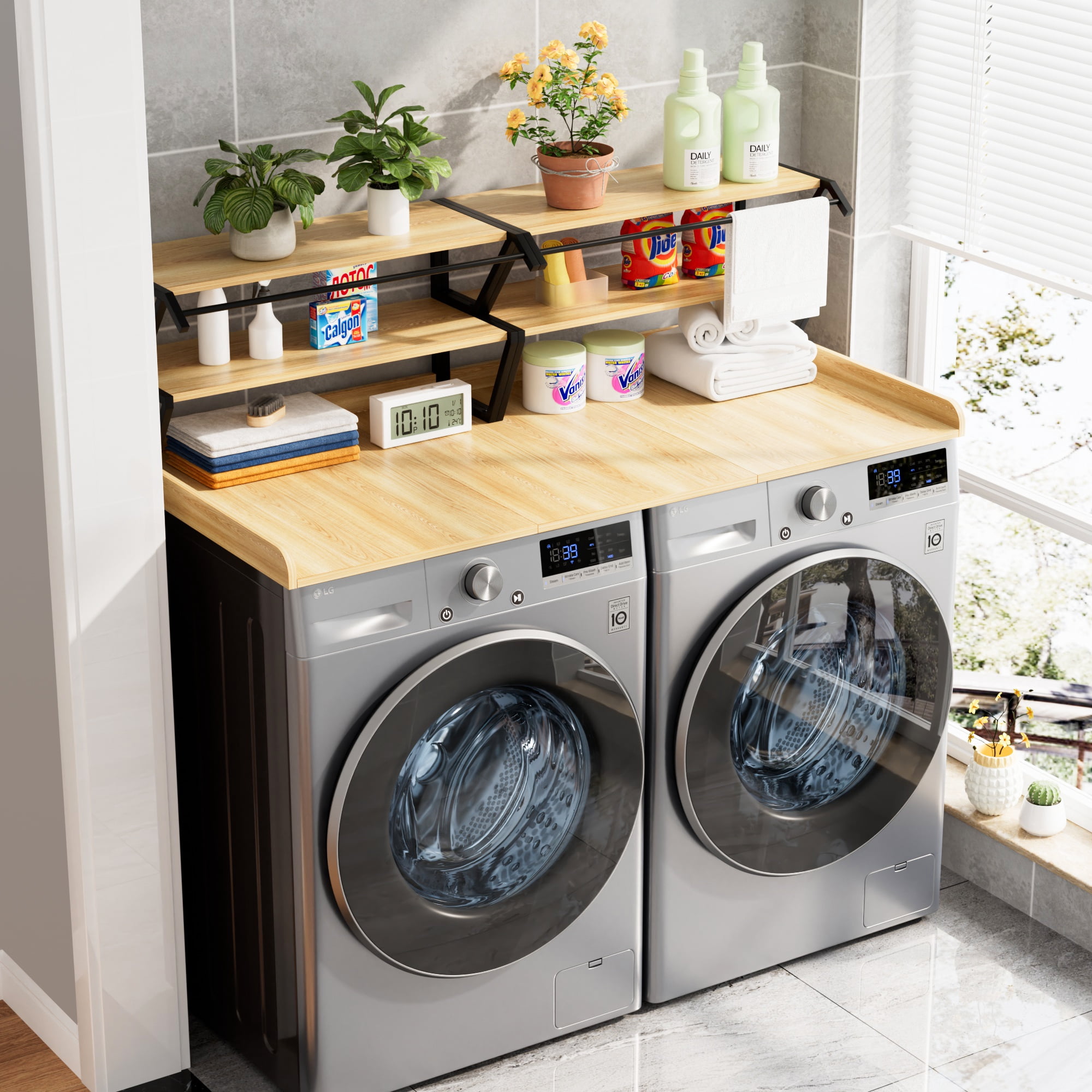 Advwin 54" Washer Dryer Countertop with Hanging Rod & Storage Shelves, Laundry Room Countertop Set, Washer and Dryer Topper with Anti-Slip Pads, Natural