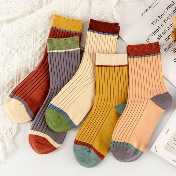 vnanda Mid-tube Ribbed Socks 5 Pairs Women's Candy Color Splicing Socks Mid-tube Ribbed Breathable Sweat-absorbent High Elasticity Socks