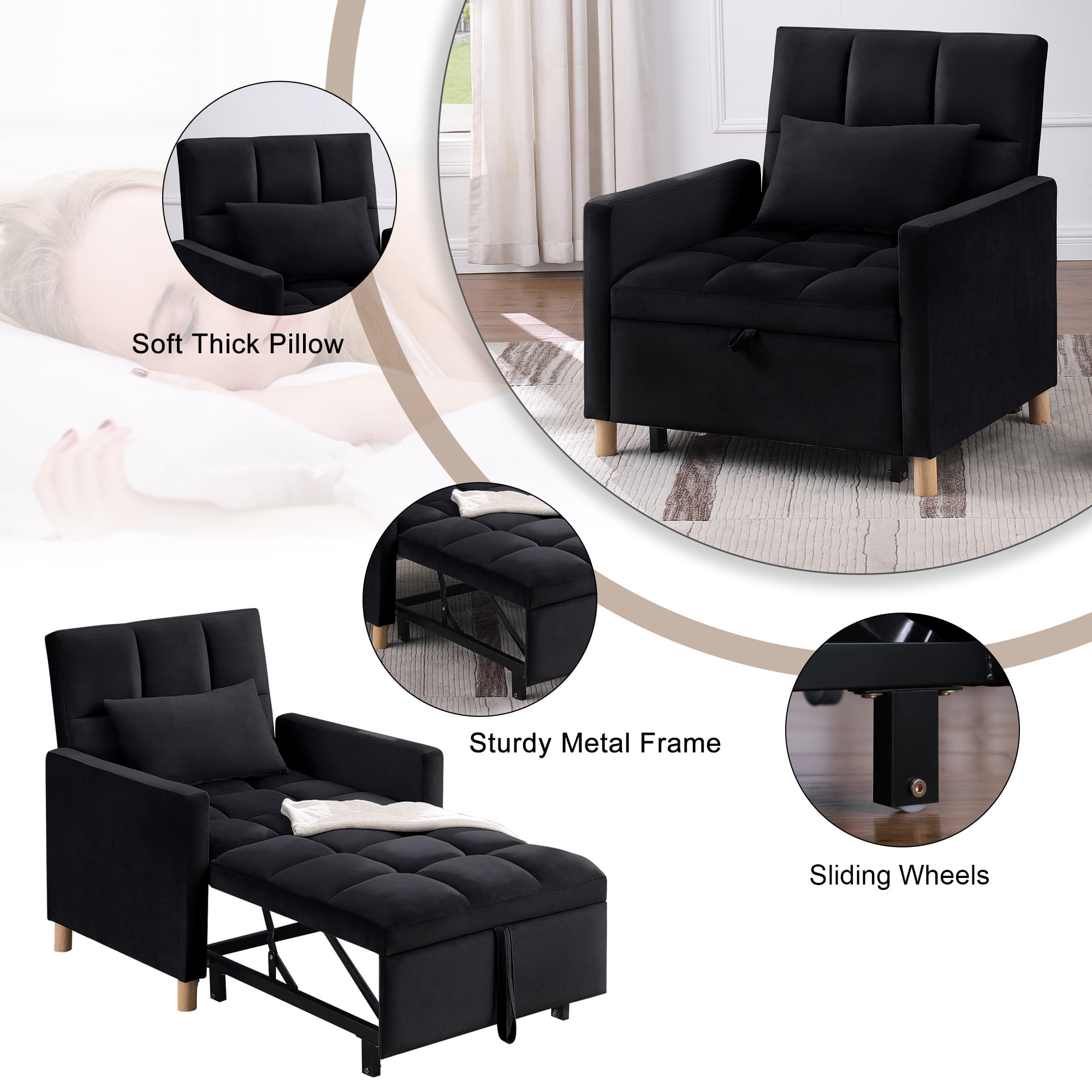 Aukfa 3-in-1 Sleeper Chair, Convertible Pull Out Chair Bed for Small Space, Black