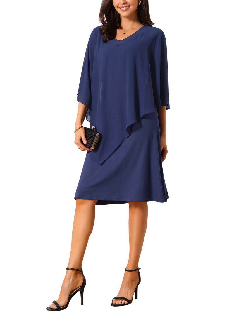 Inspire Chic Women's Fall Dresses 3/4 Sleeve V Neck Chiffon Cape Overlay Knee Length Pencil Dress S Dark Blue, Size: Small Inspire Chic Women's Fall Dresses 3/4 Sleeve V Neck Chiffon Cape Overlay Knee Length Pencil Dress S Dark Blue, Size: Small