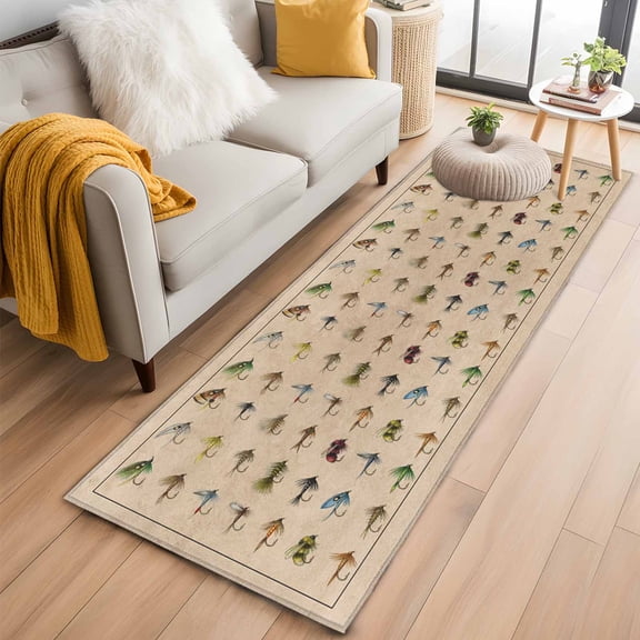 Runner Rug 2 x 6 Ft, Ocean Fishhooks Washable Non-Slip Floor Mat for Kitchen Hallway/Entryway, Vintage Coastal Fishing Pattern Brown Long Kitchen Runner Area Rugs for Living Room, Low-Profile