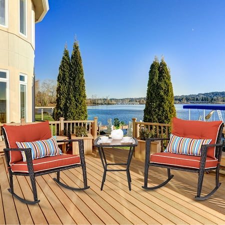 Rockers Patio Furniture - Costway 3 PCS Patio Rattan Wicker Furniture Set Rocking Chair Coffee Table with Cushions