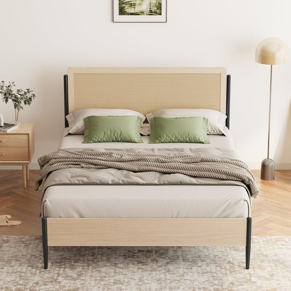 Kojooin Cadre de Lit en Métal avec Tête de Lit en Rotin et Pied de Lit en Bois, Style Boho avec Espace de Rangement sous le Lit, Silencieux, Pas de Sommier Nécessaire, Chêne