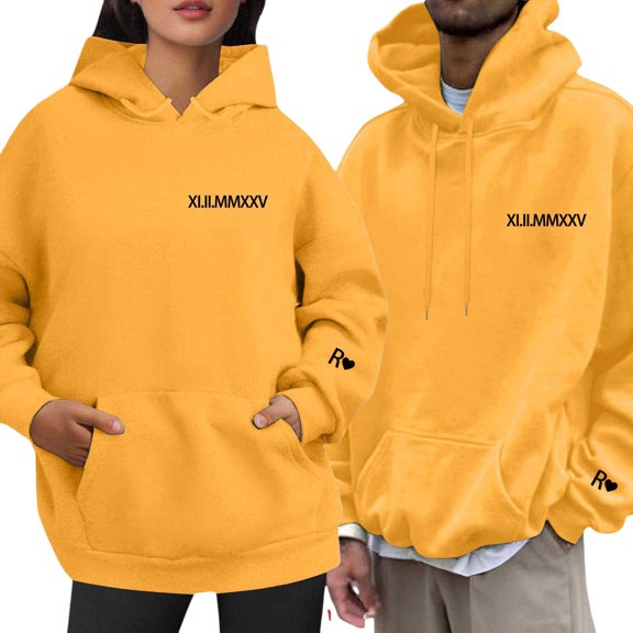 Telankuip Matching Couple Hoodies Valentines Day Sleeves Letter Print Loose Crew Neck Pullover Tops Trendy Soft Comfy Long Sleeve Drop Shoulder Sweatshirts Winter Clothes(R) Yellow XL