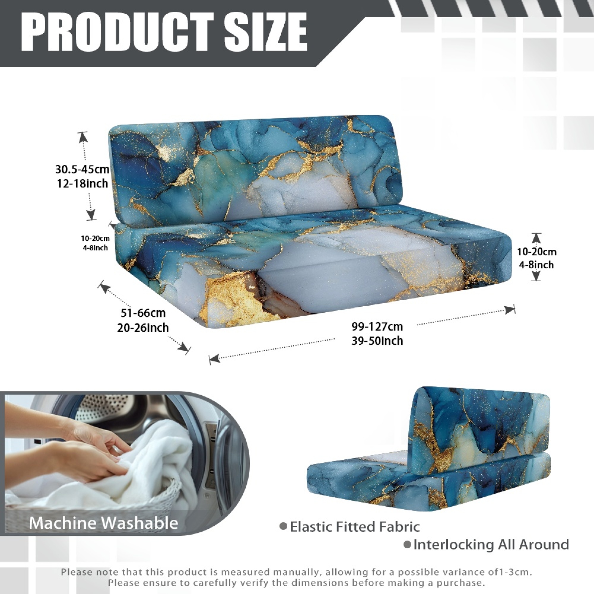 FOR U DESIGNS Blue Gold Marble Pattern 2 Pcs RV Dinette Cushion Covers Replacement RV Dinette Booth Seats Cover Elastic Sofa Chair Cover Furniture Protector for RV Camper Car Bench