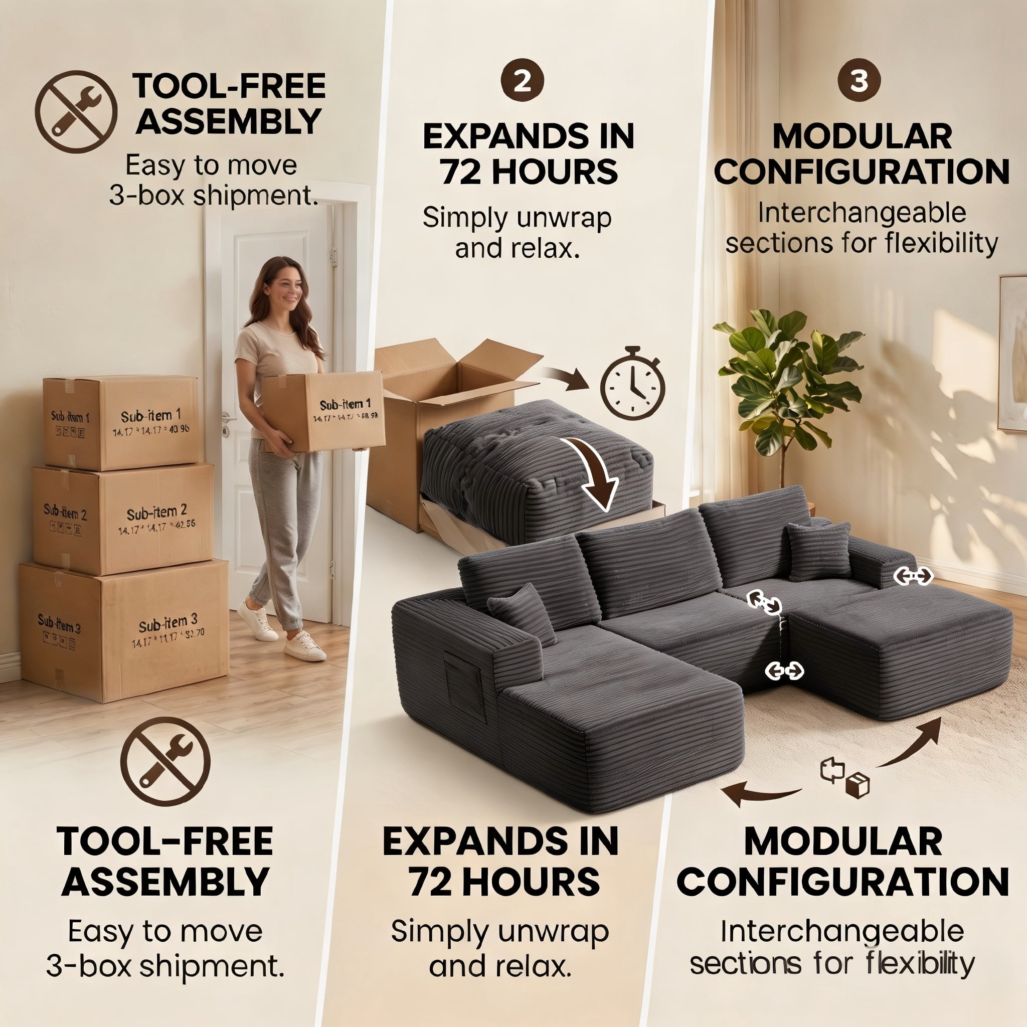 104" Premium Corduroy Sectional Sofa with Reversible Chaise, U-Shape Modular Couch with Deep Seating, Pocket Spring Cushions, Side Pockets, Tool-Free Assembly for Living Room, Right Facing (Grey)