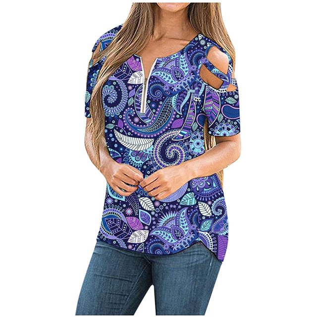 Puntoco Blusas de manga corta con estampado de verano para mujer con tiras y hombros descubiertos Puntoco Puntoco-3661
