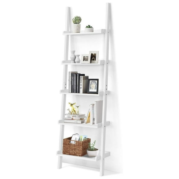 HHBEAUTY 5-Tier Ladder Shelf, Wall-Leaning Bookshelf w/Open Shelves, Plant Flower Stand, Storage Display Organizer Rack, Multifunctional Bookcase for Living Room Home Office (White)