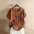 thumbnail image 2 of QLEICOM Women Plus Size Cotton Linen T-shirt Oversized Crew Neck Short Sleeve Loose Button Tops Blouses Print Tees Brown L, US Size:8, 2 of 4