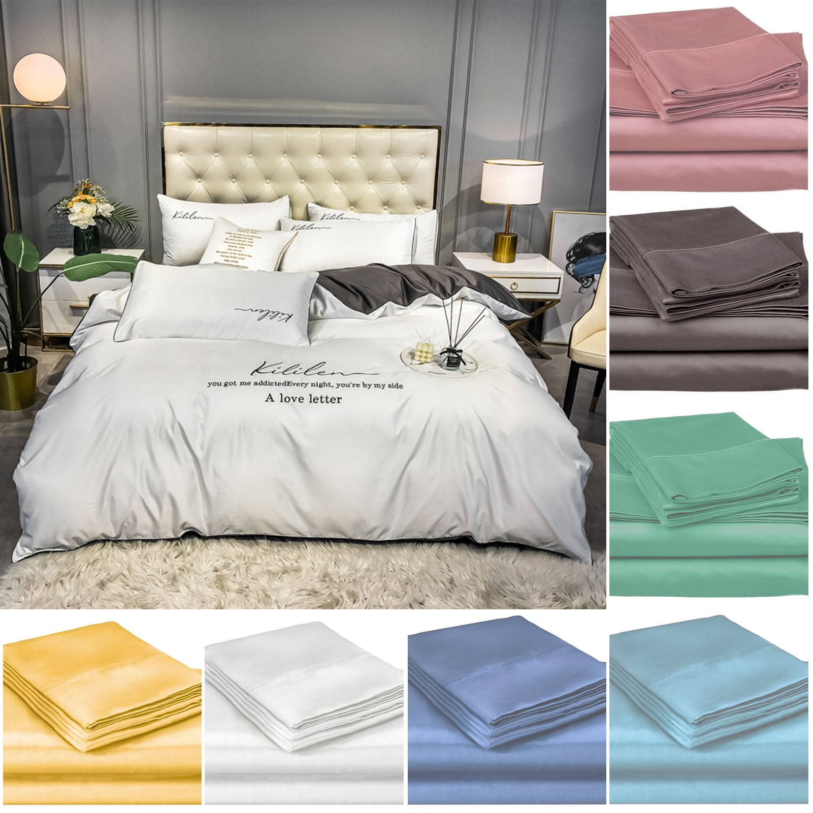 4Pcs Luxury Summer Sheets Queen Size Soft Silk Feel Bed Linen Rayon Bedding Set 