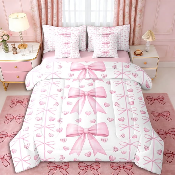Erosebridal Teens Cute Love Heart Bowtie Twin Bedding Sets 7-Piece,Girls Kids Geometric Plaid Polka Dots Bedding Comforter Set,Pink Reversible,Breathable Home Decor