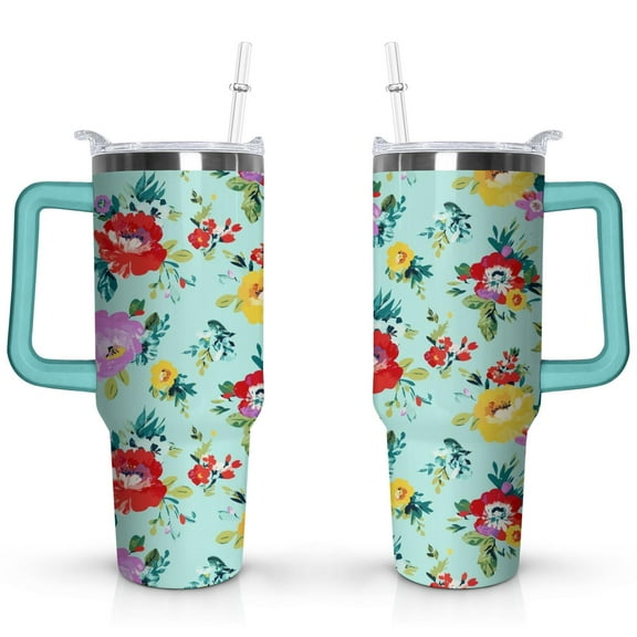 40oz Pioneer Tumbler with Handle Lid and Straw,Colorful Floral Tumblers Gifts for Women Girls Men Adults(Greenish-blue)