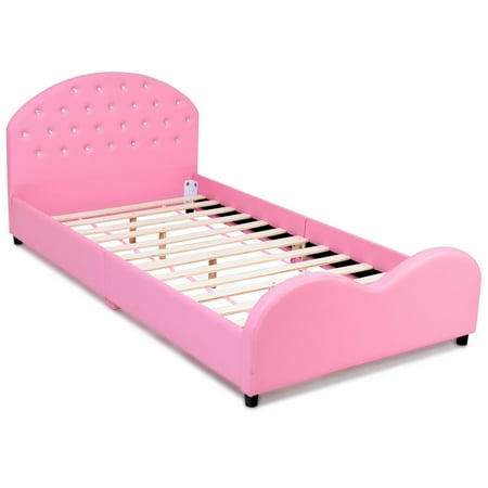 Costway Kids Children Pu Upholstered Platform Wooden Princess Bed Bedroom Furniture Pink Walmart Canada