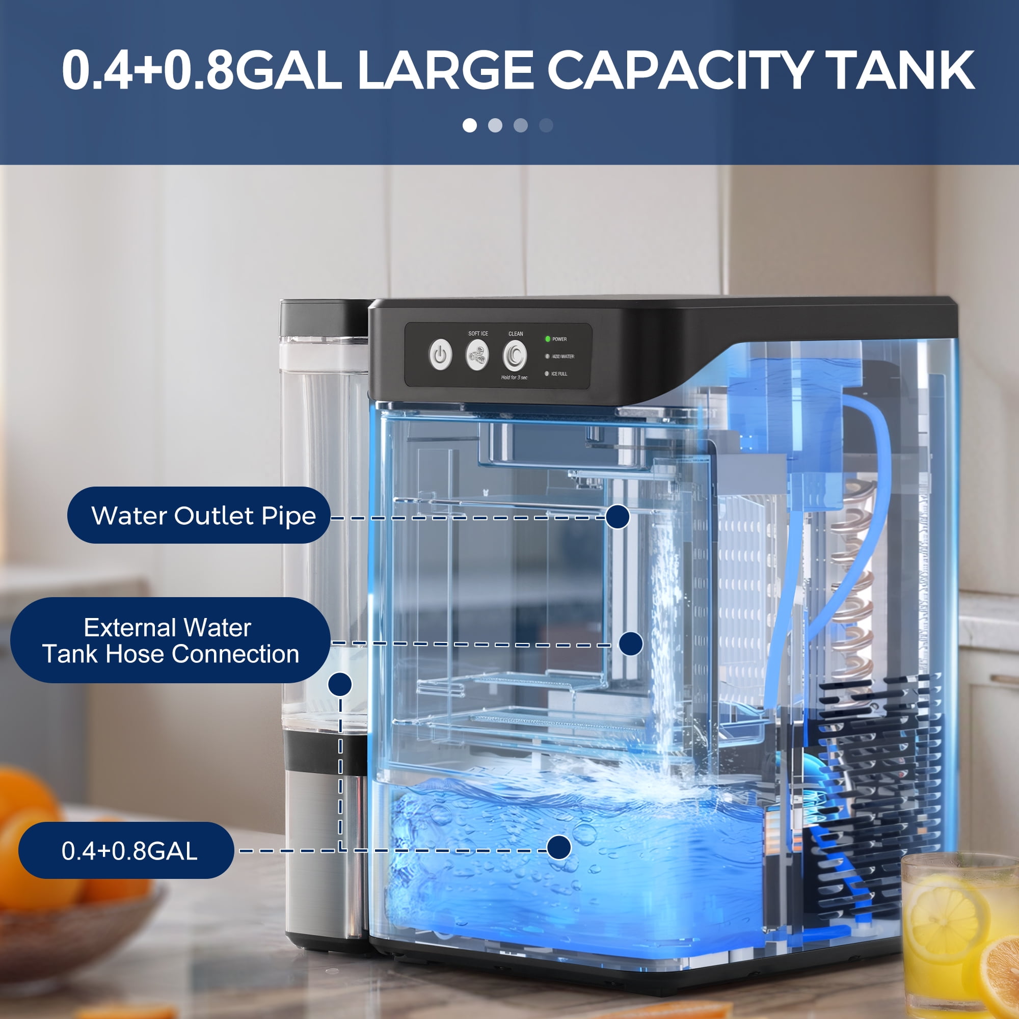 Nugget Ice Maker Countertop with 0.8Gal Removable Tank, 41Lbs/24H, One-Touch Fast Ice in 6 Mins, Self-Cleaning & Ultra Quiet for Home/Office/Party