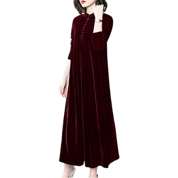 comerut Women Fall Dress Solid Color Loose Long Sleeves Button Maxi Dress Keep Warm Velvet Plus Size Mom Spring Dress Women Clothes