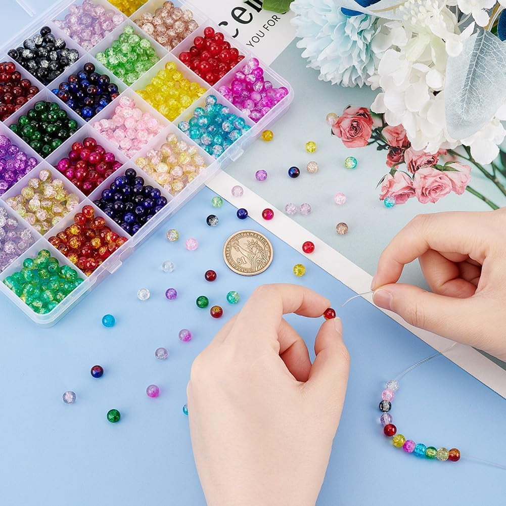 1080pcs Crackle Glass Beads 24 Colors 6mm Lampwork Crystal Bead Round Loose Beads Handcrafted Bracelet Beads for Summer Beading Friendship Bracelet Mother Jewelry Making