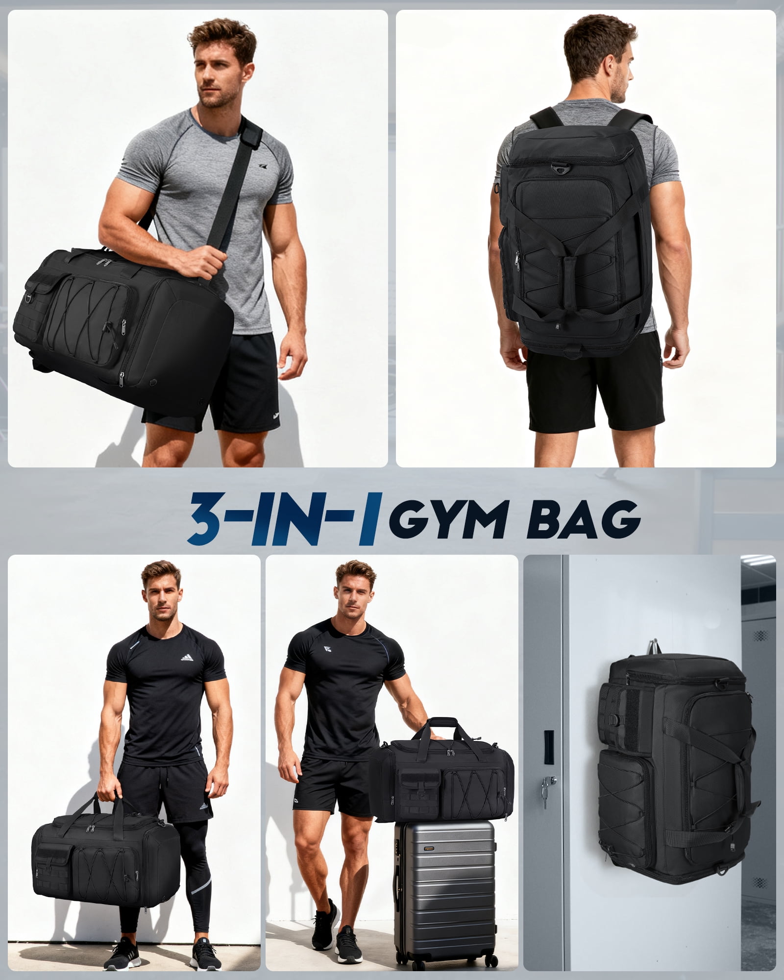 Gym Bag for Men 45L Sports Duffel Bags 3-in-1 Travel Duffel Bag with Shoe Compartment,Gym Workout Backpack Weekender Bag Overnight Bag for Travel, Black