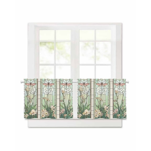 Green Vintage Stained Glass Short Blackout Curtains 30 Inch Long Flowers Butterfly Rod Pocket Kitchen Curtains, 2 Panels Thermal Insulated Room Darkening Drapes for Bedroom, 42"W x 30"L