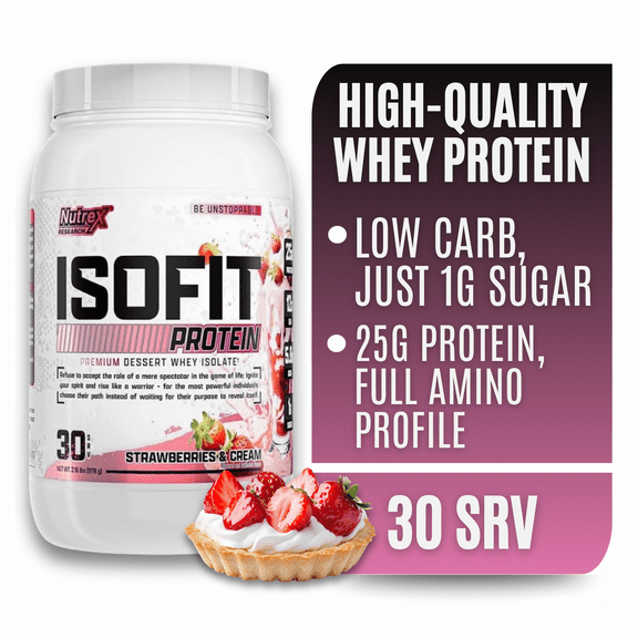 Nutrex Research IsoFit Strawberries and Cream – 100% Whey Protein Isolate Powder for Lean Muscle, Recovery & Strength Support 30 Servings