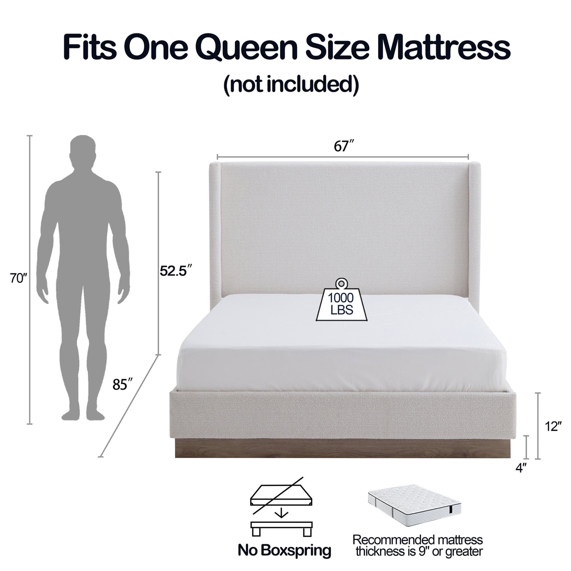 Noble House Hosford Queen Boucle Upholstered Wingback Bed, Wood Base Platform Bed with Headboard, Oat